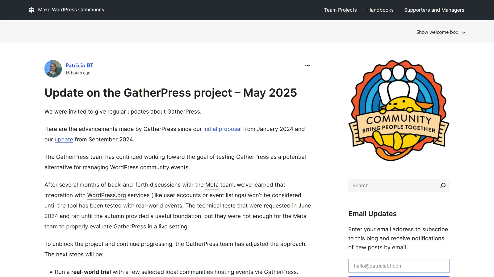 Update post on WordPress Community site – May 2025