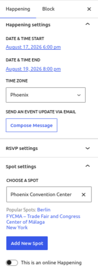 WordPress post editor UI for re-labeled Event and Venue post types, showing the default sidebar panels for a singular Happening (Event).