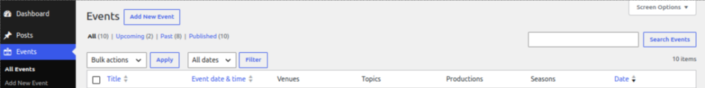 WordPress Admin List for Events with additional columns for Productions and Seasons, the events relate to.